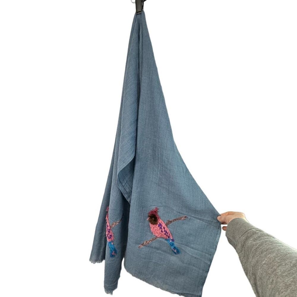 Vintage Amet & Ladoue Wool Scarf Bird Embroidery Blue